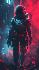 Cyberpunk space soldier in neon red-blue atmospheric corridor.