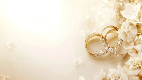Golden wedding rings amid ivory blossoms in soft glow.