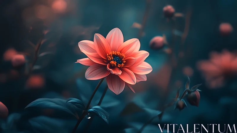 Coral dahlia bloom against teal toned foliage and muted background.