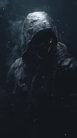 Cyberpunk hooded operative in cinematic low-key portrait lighting.