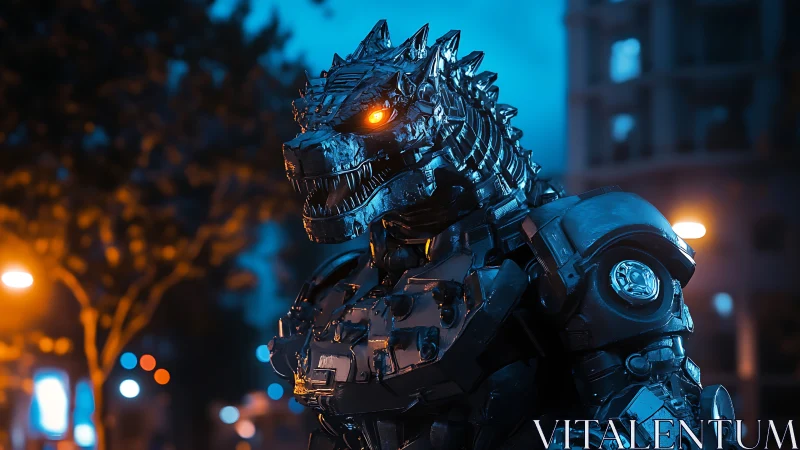 Neon-eyed mech lizard quietly claims the midnight city streets