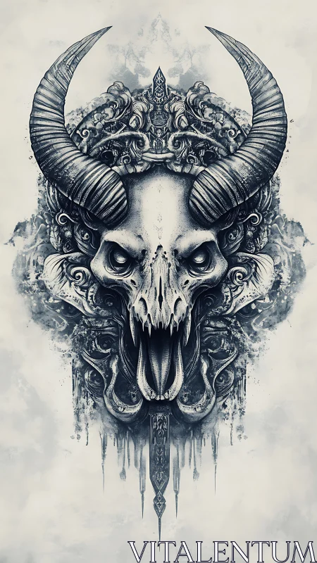 Horned demonic skull illustration with ornate symmetrical detailing