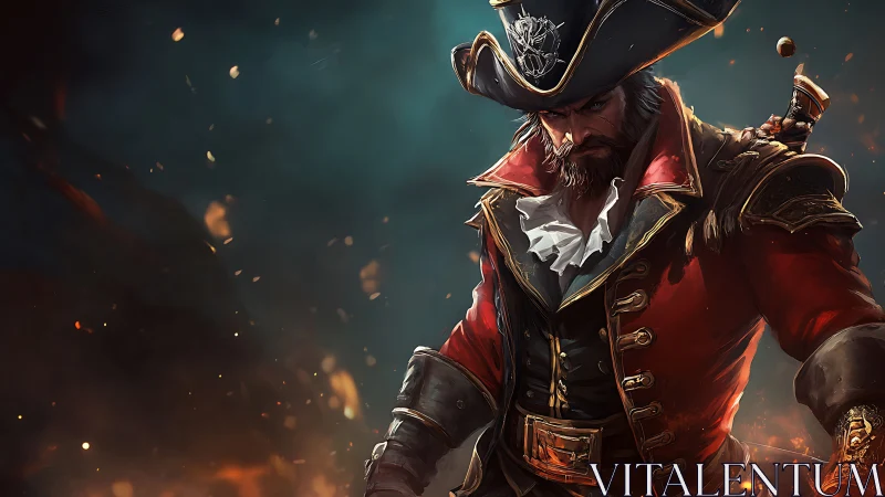 Brooding pirate captain in ember-lit cinematic portrait art.