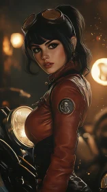 Retro moto aviatrix in cinematic low-key digital rendering.