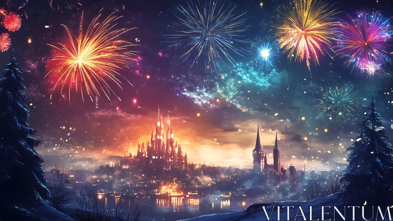 Midnight fireworks crown a glowing winter fantasy city