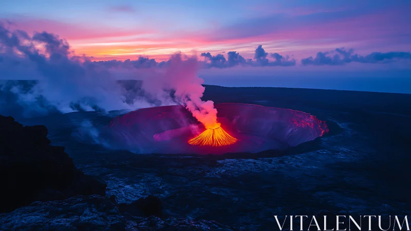 Volcanic crater with incandescent lava and night-to-dawn atmospheric conditions.