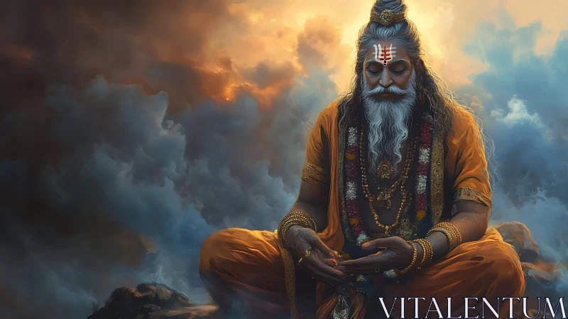 Elderly sage in orange robes meditating amid dense clouds.