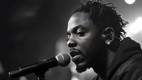 Monochrome male vocalist in close-up stage performance.