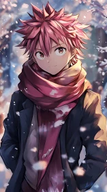 Anime boy in winter coat and scarf amid falling snowflakes.