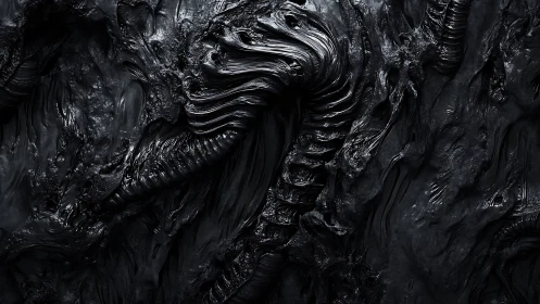 Hyperdetailed black organic extrusion with ribbed biomech folds