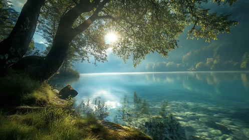 Backlit lakeside tree over turquoise alpine water at sunrise