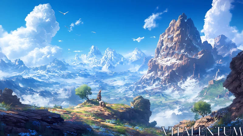 Fantasy wanderer overlooking vast snowy mountain realm.