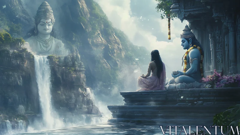 Mythic riverside meditation with monumental Shiva statuary.