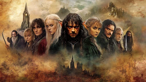 Fantasy warrior ensemble before misty castles and peaks.