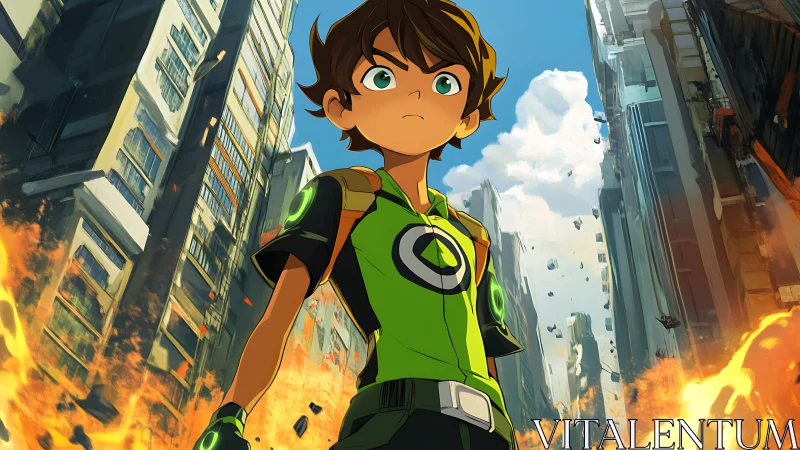 Boy in green suit amid burning futuristic city street.