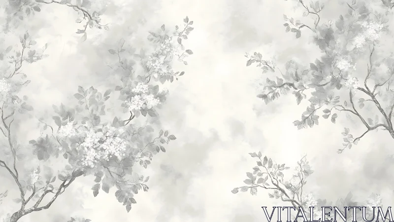 Elegant Monochrome Floral Branches Watercolor Illustration.