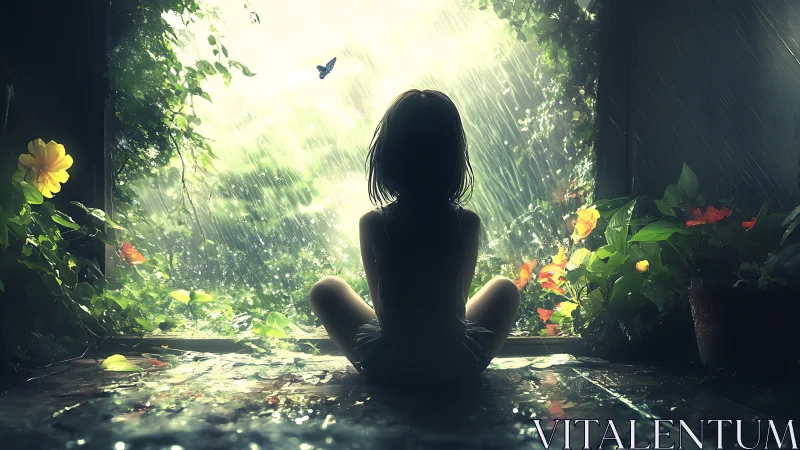 Silhouetted child observes garden rainfall through open doorway