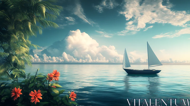 Tranquil sailboat under luminous tropical seascape sky.