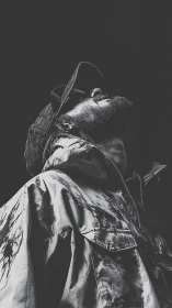 Low-angle monochrome portrait isolates raincoat textures and silhouette