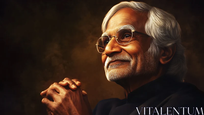 Gentle elder’s hopeful smile in warm golden portrait.