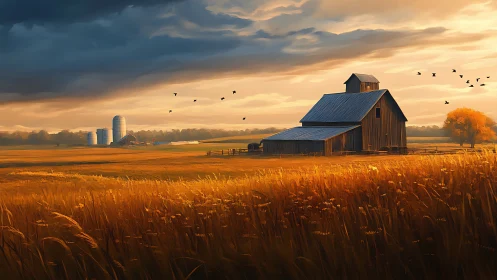 Golden hour agricultural landscape renders a rustic barn