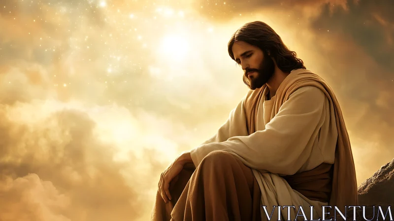 Contemplative robed figure under radiant celestial lightscape.