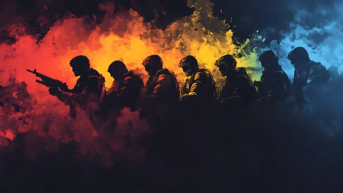 Tactical squad silhouettes crossing fiery to cold smoke.