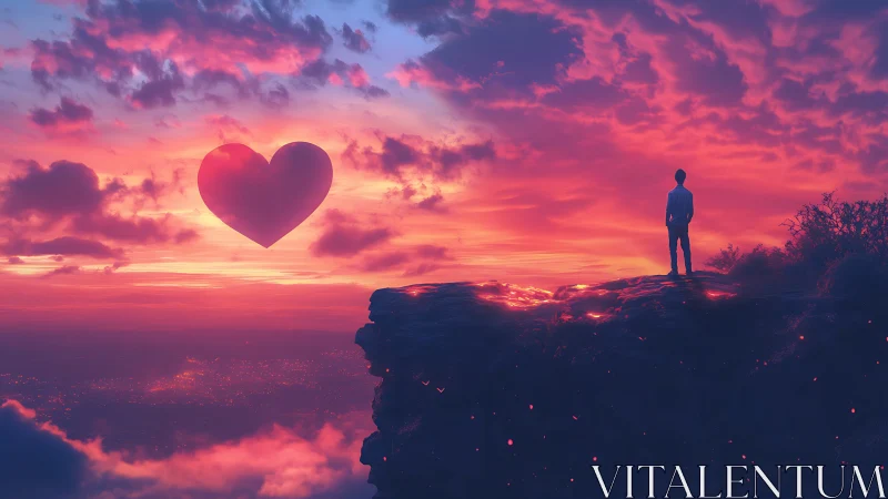 Person stands on cliff edge beneath massive heart silhouette in sunset