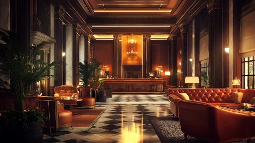 Luxurious grand hotel lobby interior with warm golden lighting