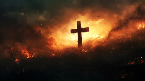 Wooden cross stands against raging fire and dark smoke.