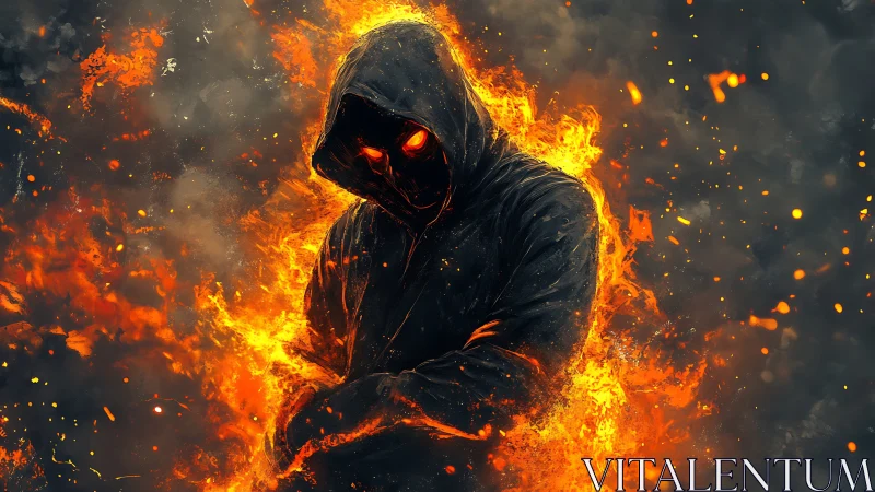 Fiery hooded wraith emerging through cinematic inferno glow.