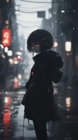 Figure with red eyes stands in rainy urban street at night