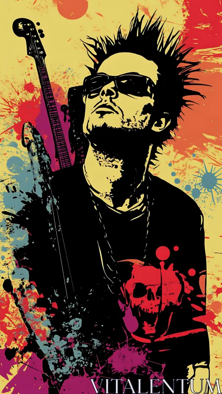 Stylized guitarist silhouette with splatter background profile.