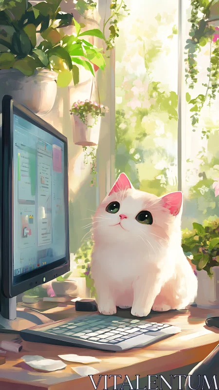 White Cat with Pink Ears at Computer Desk in Sunlit Room