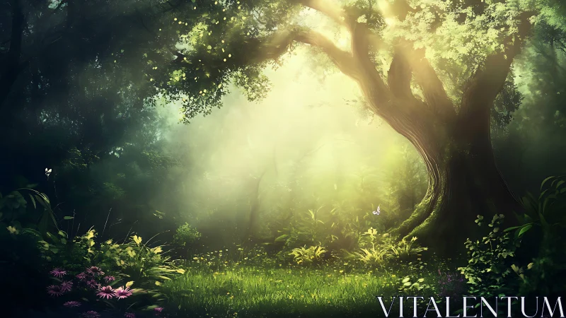 Luminescent Forest Sanctuary with Towering Ancient Oak.