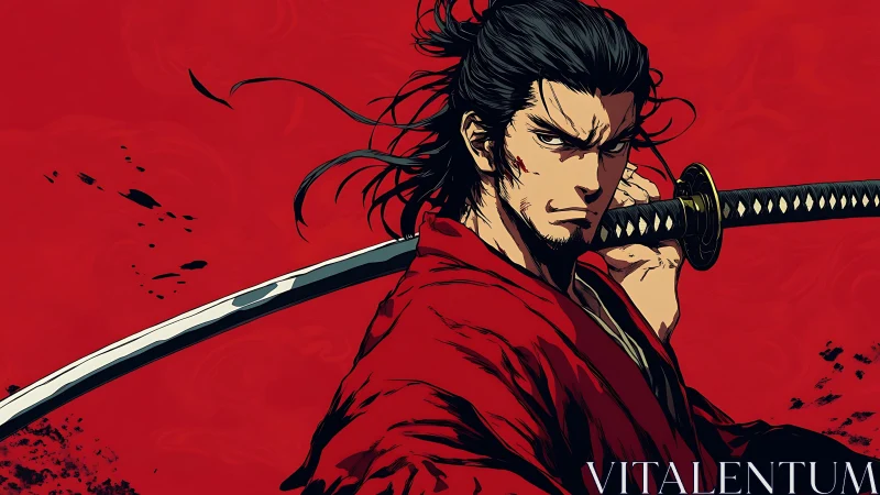 Fierce samurai in red robe stands ready with shining katana