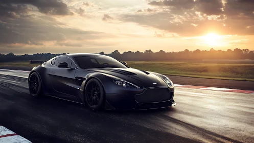 Matte black grand tourer on wet racetrack at golden sunset