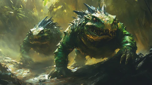 Twin reptilian beasts prowl through misty jungle ravine
