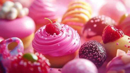 Vibrant pink confectionery still life in soft-focus bokeh style.