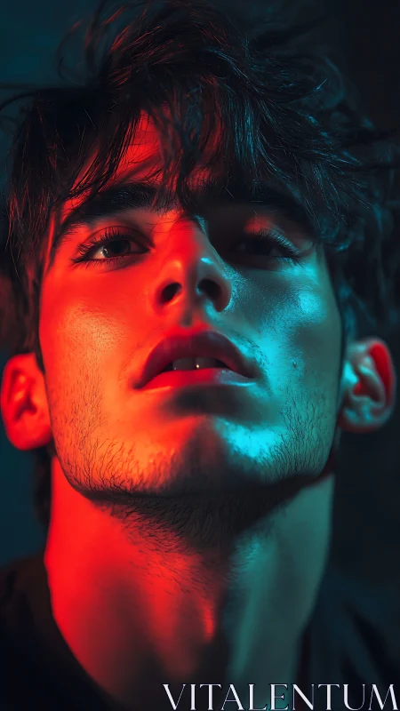 Moody neon portrait captures longing in dramatic lighting