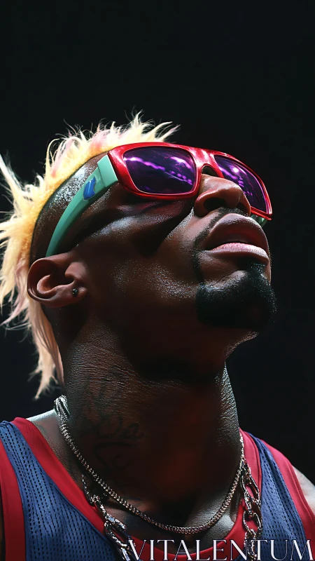 Electric courtside confidence in neon sunglasses and chains.