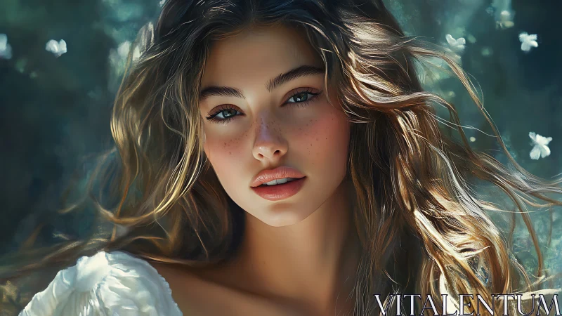 Ethereal portrait of freckled woman in luminous forest light.
