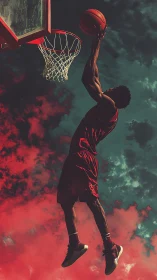 Basketball player dunking against dramatic colored sky.