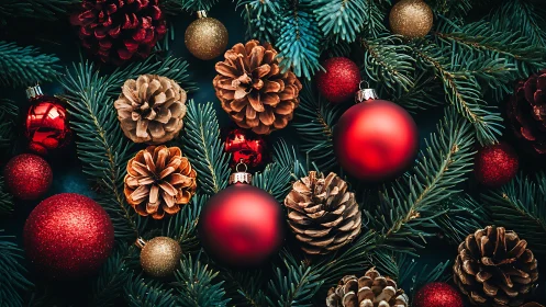 Crimson baubles and pinecones whisper over winter needles