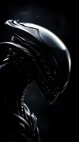 Glossy biomechanical alien head rendered in dramatic profile