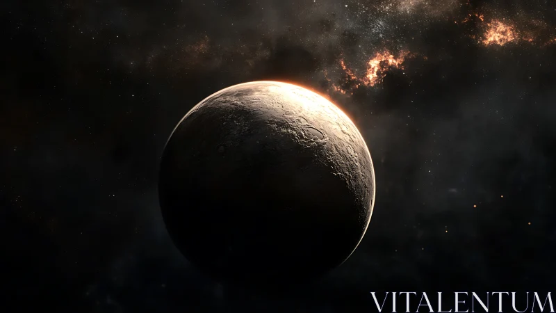 Shadowed planet with bright rim light in deep space.