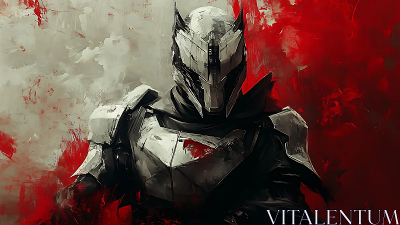 Mysterious armored warrior standing in bold red light.