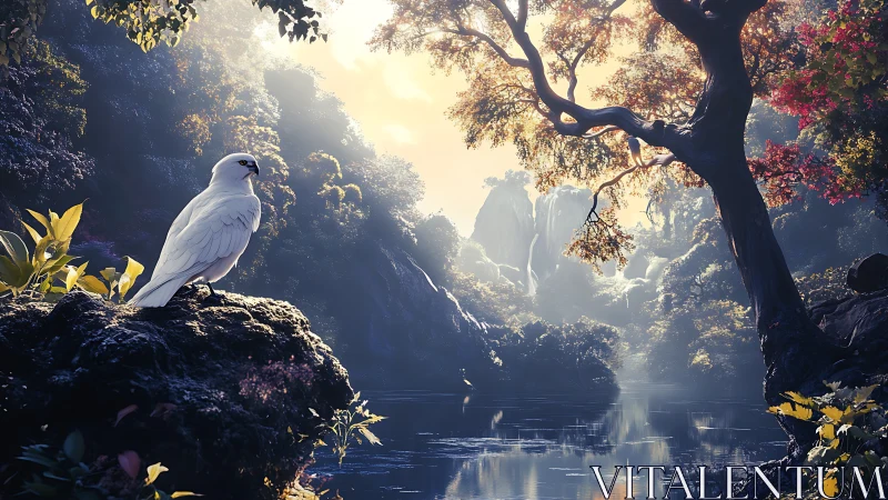 Majestic White Bird in Enchanted Forest by Tranquil Lake, Dreamlike Art.