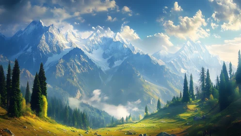 Morning sunlight rolls gently across peaceful alpine peaks