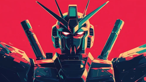 Neon mecha portrait glows against bold crimson backdrop.